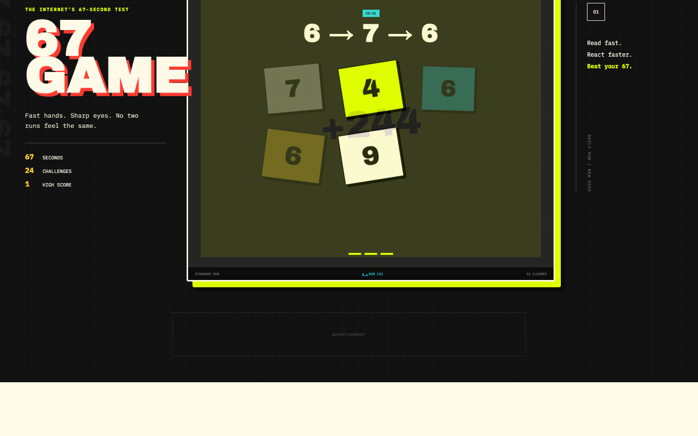 67 Game gameplay showing the 6, 7, 6 number-order challenge, score, timer, combo, and dynamic BGM indicator